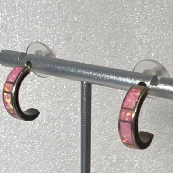 Vtg 90s Silver Pink Lab Opal Inlay Hoop Earrings 925 Huggies Southwestern Artisa - Picture 3 of 9